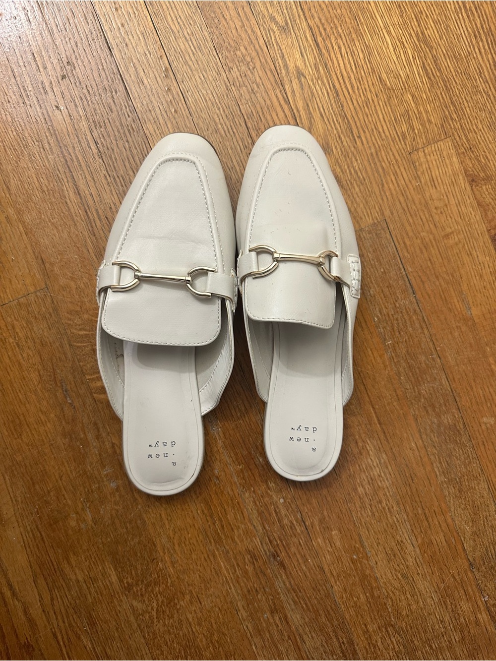 a new day Cream Leather Slip-On Mules with Gold Horsebit